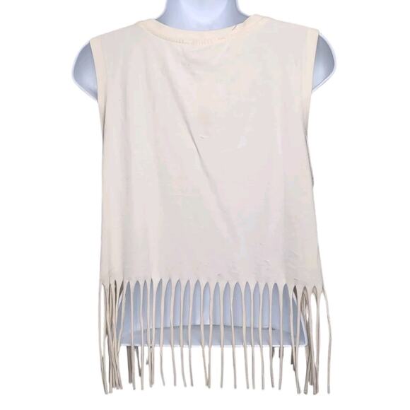 Love Peace & Lazy Days Fringe Crop Top Jr Size XL Cream Blessed Red White Blue - Picture 13 of 13